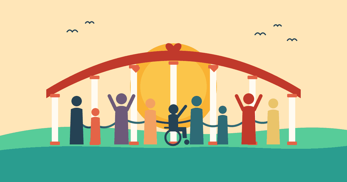 Illustrazione vettoriale a colori caldi: un grande arco rosso sostenuto da sette colonne bianche davanti a un sole che sorge. Sotto l'arco una fila di persone stilizzate di colori diversi si tiene per mano; al centro una persona in sedia a rotelle alza un braccio, altre due alzano entrambe le braccia in segno di gioia. Sopra l'arco un cuore rosso, in cielo uccelli in volo, in basso colline verdi.