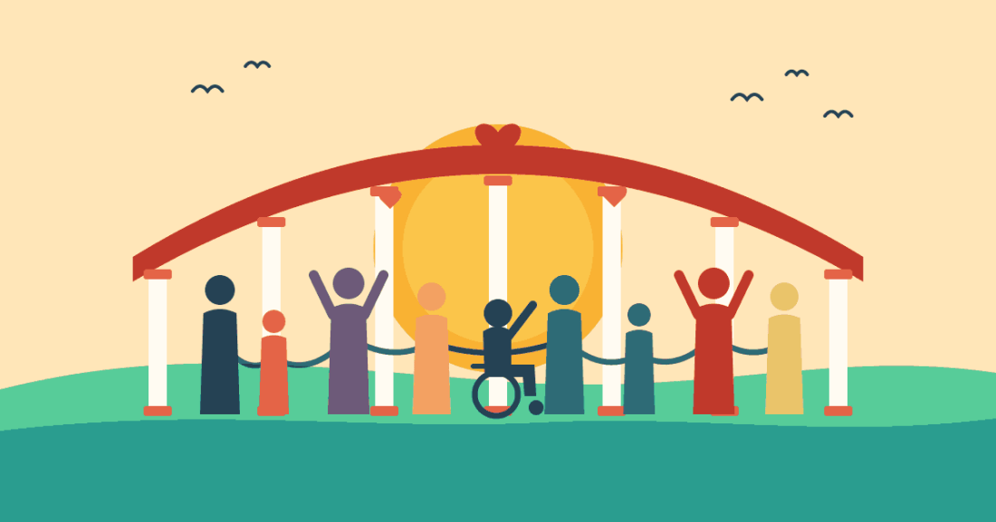 Illustrazione vettoriale a colori caldi: un grande arco rosso sostenuto da sette colonne bianche davanti a un sole che sorge. Sotto l'arco una fila di persone stilizzate di colori diversi si tiene per mano; al centro una persona in sedia a rotelle alza un braccio, altre due alzano entrambe le braccia in segno di gioia. Sopra l'arco un cuore rosso, in cielo uccelli in volo, in basso colline verdi.
