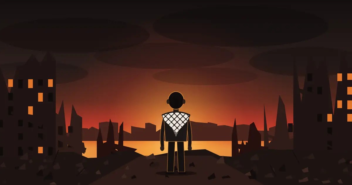 Illustrazione vettoriale su fondo scuro: al centro un bambino visto di spalle, con una kefiah bianca e nera sulle spalle, guarda l'orizzonte. Intorno a lui palazzi sventrati e macerie; dietro le rovine un tramonto infuocato, rosso e arancio, sotto un cielo scuro di fumo.
