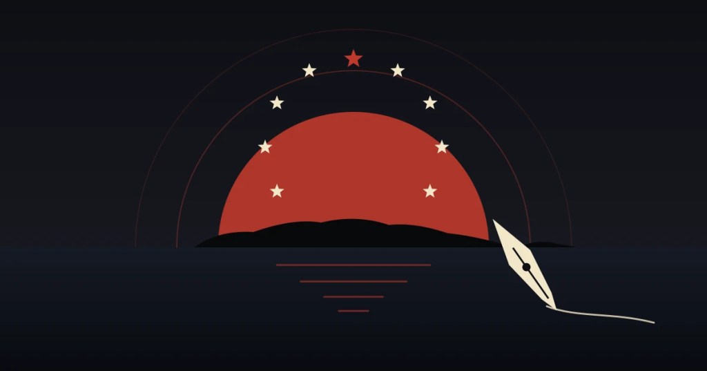 Illustrazione simbolica su fondo scuro: un grande sole rosso sorge dietro la sagoma scura di un’isola, Ventotene, riflettendosi sul mare in linee rosse. Sopra il sole un arco di stelle chiare, la prima delle quali è rossa, evoca l’idea di Europa. In basso a destra un pennino da scrittura traccia una linea chiara, simbolo del giornalismo di Barbara Spinelli.