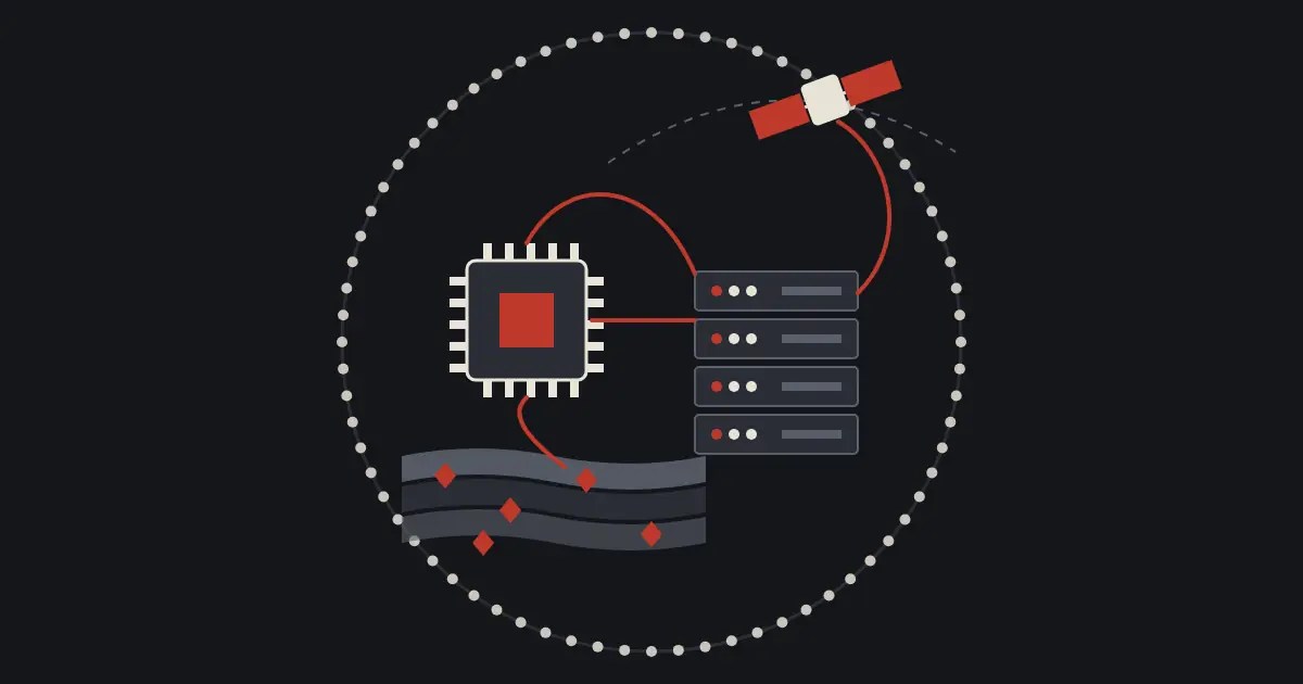 Illustrazione vettoriale su fondo scuro: un grande cerchio formato da piccoli punti chiari racchiude gli anelli della filiera dell'intelligenza artificiale, cioè strati di roccia con cristalli rossi, un microchip con il nucleo rosso, una pila di server e un satellite con pannelli rossi in orbita, tutti collegati da una linea rossa.