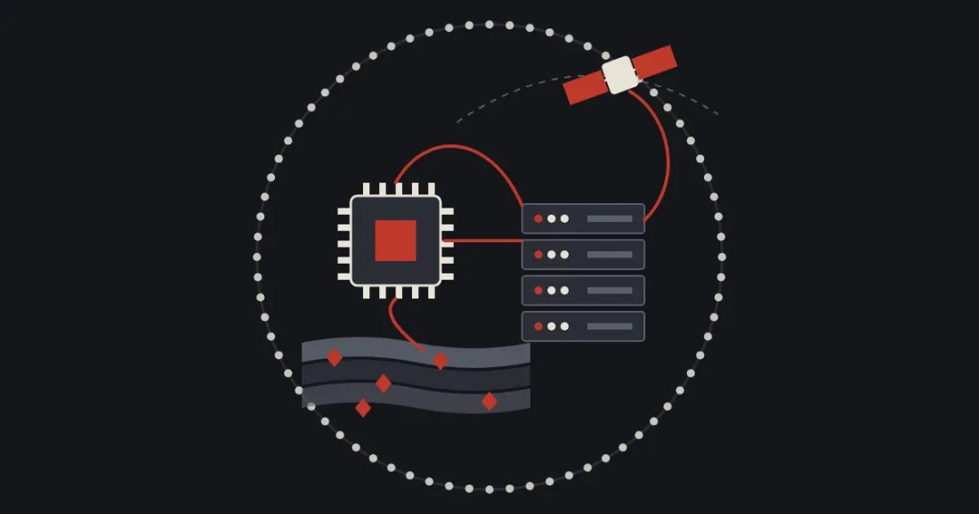 Illustrazione vettoriale su fondo scuro: un grande cerchio formato da piccoli punti chiari racchiude gli anelli della filiera dell'intelligenza artificiale, cioè strati di roccia con cristalli rossi, un microchip con il nucleo rosso, una pila di server e un satellite con pannelli rossi in orbita, tutti collegati da una linea rossa.