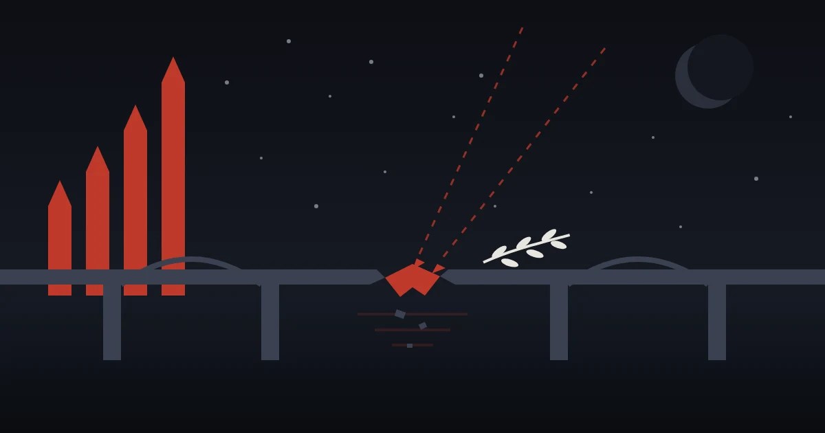 Illustrazione vettoriale su fondo notturno blu scuro: un ponte grigio su un fiume è spezzato al centro da una frattura rossa, colpita da due traiettorie tratteggiate che scendono dall'alto. A sinistra quattro colonne rosse a forma di missile crescono come un grafico di profitti. Sul troncone destro giace un ramo d'ulivo bianco. Cade la neve, in alto a destra una luna sottile.